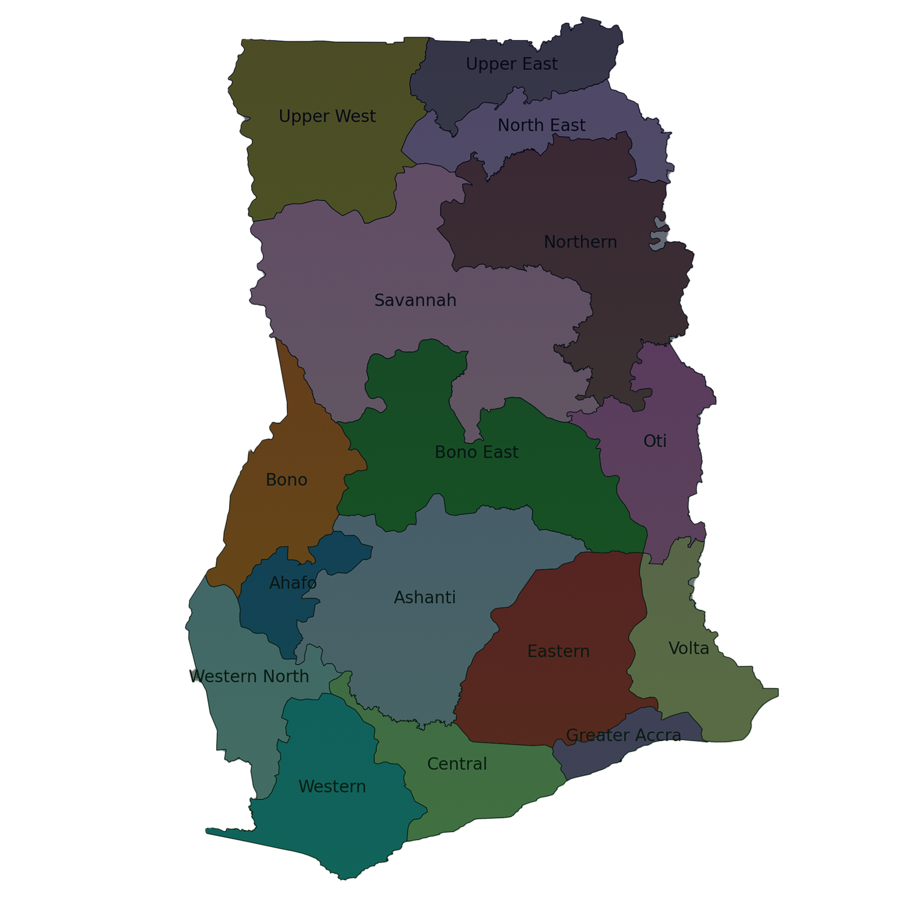 Map of Ghana showing all 16 regions with colour coding